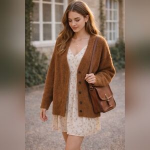 Urban Outfitters BDG Brown Fuzzy Cardigan Medium Cozy Soft Button Front Spring